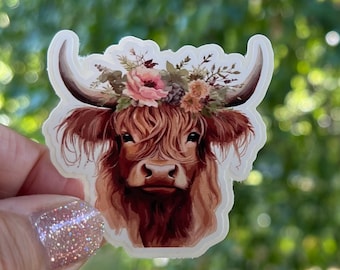Highland Cow Sticker, Vehicle Sticker, Floral Cow Decal, Vinyl Decal, Waterproof