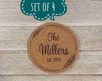 personalized cork coaster, drink coasters, set of 4, Personalized Gift