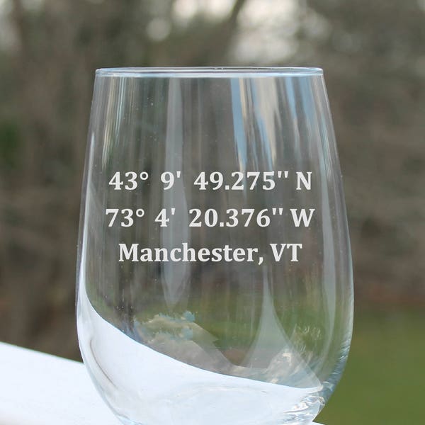 GPS coordinates, etched stemless wine glass, Engraved wine glass