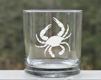 Crab etched whiskey glasses, custom whiskey glass, etched, crab, maryland blue crab, engraved