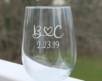 wedding wine glass, etched stemless wine glass, personalized, wedding wine glass, anniversary