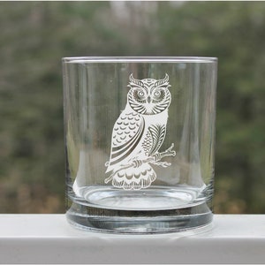 etched whiskey glasses, owl glass, custom whiskey glass, engraved owl design