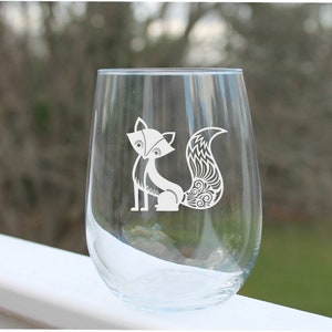 Etched Stemless Wine Glasses, Fox, engraved wine glasses