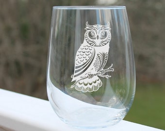 etched stemless wine glass, owl wine glass, stemless wine glasses, owl glass, wine gift