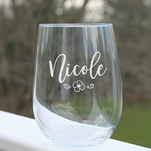 Personalized stemless wine glass, etched stemless wine glass, floral personalized wine glass, custom wine glass
