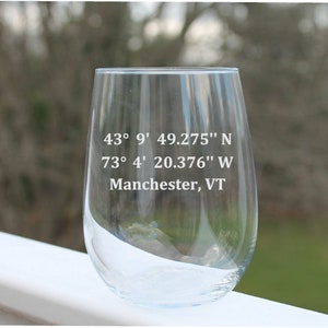 GPS coordinates, etched stemless wine glass, Engraved wine glass