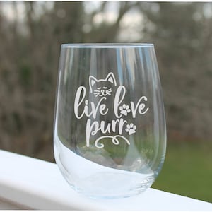 Cat etched stemless wine glass, etched cat wine glasses, Cat lover glass