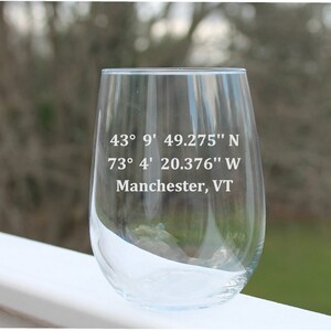 custom wine glasses, Engraved stemless wine glass, GPS coordinates