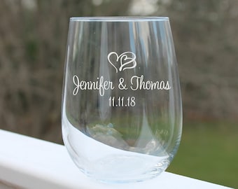 etched stemless wine glass, personalized wine glass, wedding wine glasses