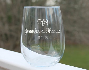 Personalized Wedding Stemless Wine Glass: Etched Heart Design