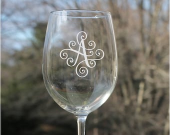 Personalized Etched Wine Glass: Monogram Initial, 12oz