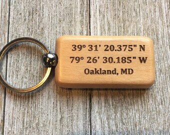 Wood keychain, GPS keychain, engraved Keychain, wooden keychain