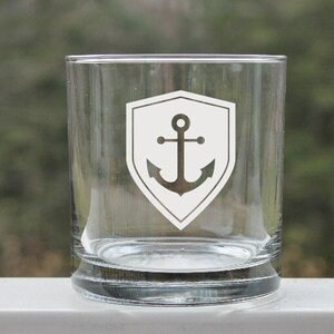 etched whiskey glass anchor, rock glass, glass with anchor, retirement gift, gift for him