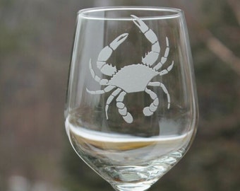 Etched wine glass, Crab wine glasses, 12oz, engraved, Maryland crab