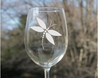 Etched Wine Glasses, dragonfly, gift for her, engraved wine glass