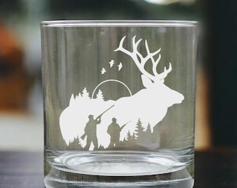 Etched Elk Whiskey Glass – Custom Hunting Rock Glass, Personalized Gift for Hunters, Outdoorsman Barware