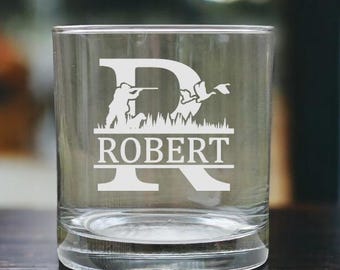Duck Hunting Monogram Whiskey Glass, Etched Initial Bourbon Glass, Gift for Him