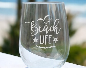 Etched Beach Life Stemless Wine Glass: Coastal Drinkware Gift