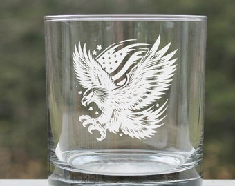 Etched Whiskey Glass: American Flag Eagle Rock Glass - Patriotic Gift