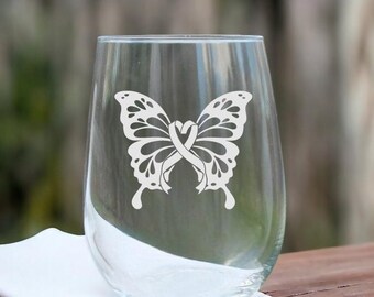 Etched Stemless Wine Glass – Butterfly Breast Cancer Awareness Ribbon, Custom Wine Glass Gift