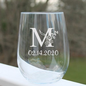Monogram Stemless Wine Glass, Personalized Engraved Wine Glass, Custom Stemless Wine Glasses, Bridesmaid Gift, Wedding Party Wine Glasses