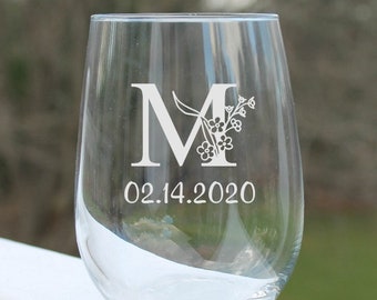 Monogram Stemless Wine Glass, Personalized Engraved Wine Glass, Custom Stemless Wine Glasses, Bridesmaid Gift, Wedding Party Wine Glasses
