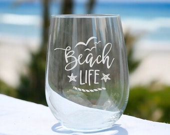 Beach wine glass, Stemless wine glasses, etched glass, fun wine glass