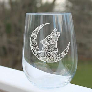 wolf stemless wine glass, etched wolf wine glass, Engraved Stemless Wine Glasses