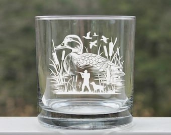 Duck hunting Whiskey glass, etched whiskey glass, hunting  gift for him
