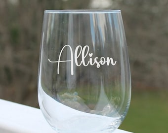 personalized stemless wine glass, etched wine glass, custom wine glass, bridesmaid gift