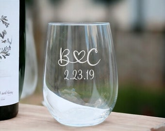 monogram wine glass,  personalized, etched stemless wine glass, wedding wine glass, anniversary