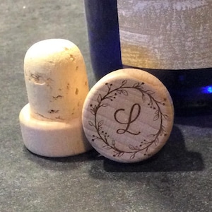 Engraved Wood Wine Stopper, wine cork, wooden wine stopper, Last Name Initial, Wedding, Bridal Shower, engraved wine stopper, wood bottle st image 1