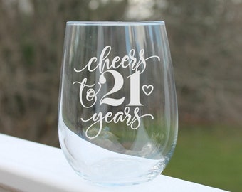 21st birthday wine glass, etched stemless wine glass birthday glass