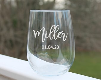 Personalized Etched Stemless Wine Glass,  Custom Engraved Wine Glass, Personalized Gift, Bridesmaid Gift