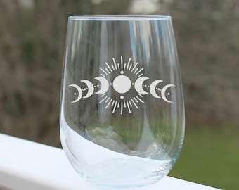 Moon Phase Wine Glass – Etched Stemless Glass, Celestial Design, Astrology Gift