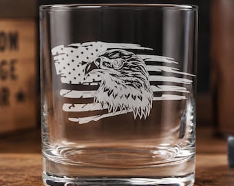 Custom Engraved Rocks Glass, Bald Eagle & USA Flag, Bourbon Tumbler for Veterans, Etched Gift