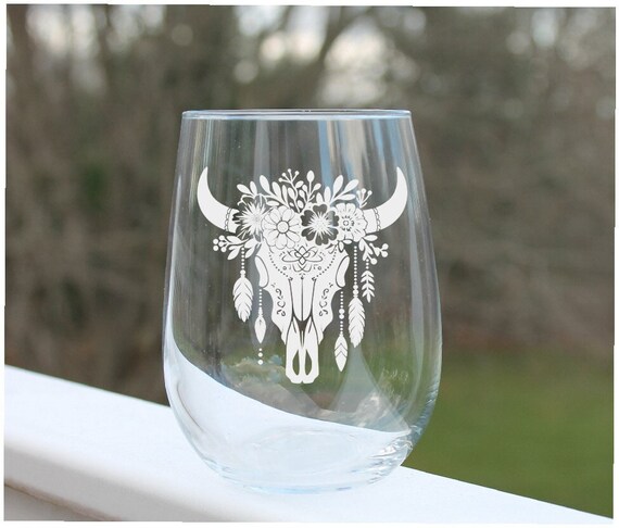 Rustic Cow Skull Stemless Wine Glass Boho Floral Etching Western Design -  Etsy