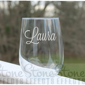 Personalized Stemless Wine Glass, Engraved with Name or word, 17oz