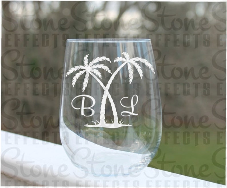 Personalized Stemless Wine Glass Etched Palm Tree Wedding Etsy