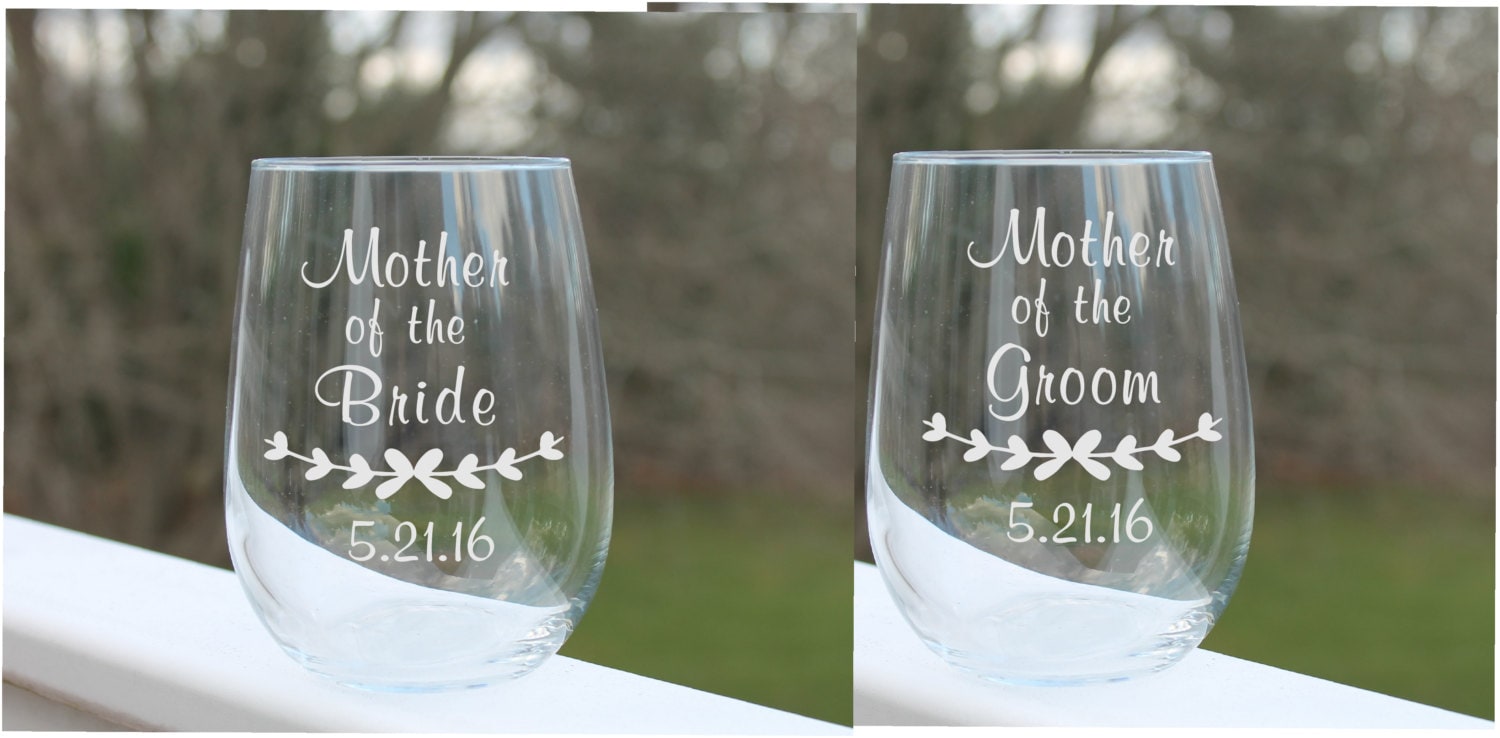 wedding wine glasses mother of the bride etched stemless Etsy