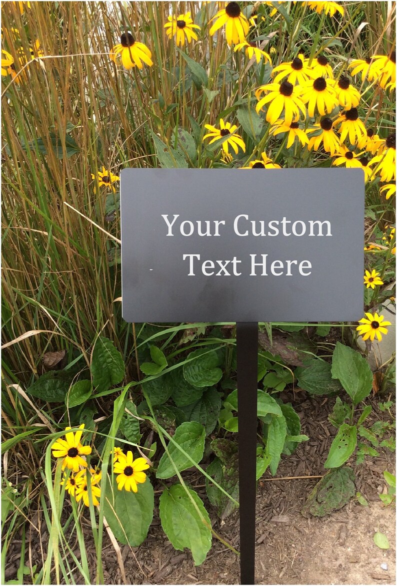 black metal plaque with stake. Engraved with your personalized text. Made to order.