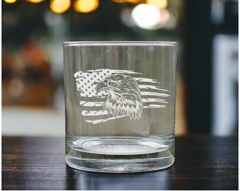 Etched Eagle Whiskey Glass – American Flag Rocks Glass – Patriotic Gift for Men