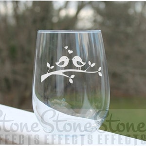 Love Birds Stemless Wine Glass – Engraved Wedding Glass, Personalized Gift for Couples, Wedding Gift