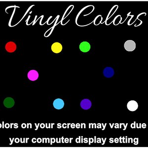Pode incluir: Um fundo preto com o texto "Vinyl Colors" em escrita cursiva branca. Existem nove c&iacute;rculos coloridos em cores diferentes: vermelho, amarelo, verde, cinza, rosa, azul, verde escuro, azul claro e roxo. O texto abaixo dos c&iacute;rculos diz: "As cores na sua tela podem variar devido &agrave;s configura&ccedil;&otilde;es de exibi&ccedil;&atilde;o do seu computador."