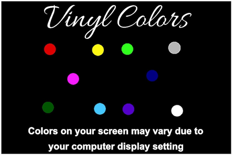 Pode incluir: Um fundo preto com o texto "Vinyl Colors" em escrita cursiva branca. Existem nove c&iacute;rculos coloridos em cores diferentes: vermelho, amarelo, verde, cinza, rosa, azul, verde escuro, azul claro e roxo. O texto abaixo dos c&iacute;rculos diz: "As cores na sua tela podem variar devido &agrave;s configura&ccedil;&otilde;es de exibi&ccedil;&atilde;o do seu computador."