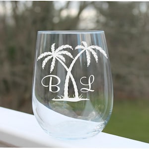 Personalized Stemless Wine Glass | Etched Palm Tree Wine Glass | Wedding Glass | Custom Wine Glass | Beach Wedding Gift