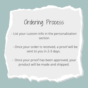 May include: A torn paper graphic with the text "Ordering Process" in black script. The text below outlines the steps: list custom info, receive a proof in 2-3 days, and product made and shipped upon approval. The background is a light teal color.