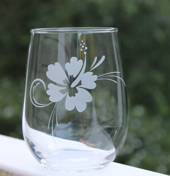 Hibiscus Wine Glass, Etched Crystal Hibiscus Wine Glass