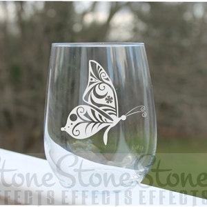 Butterfly stemless wine glass, butterfly wine glasses, etched wine glass