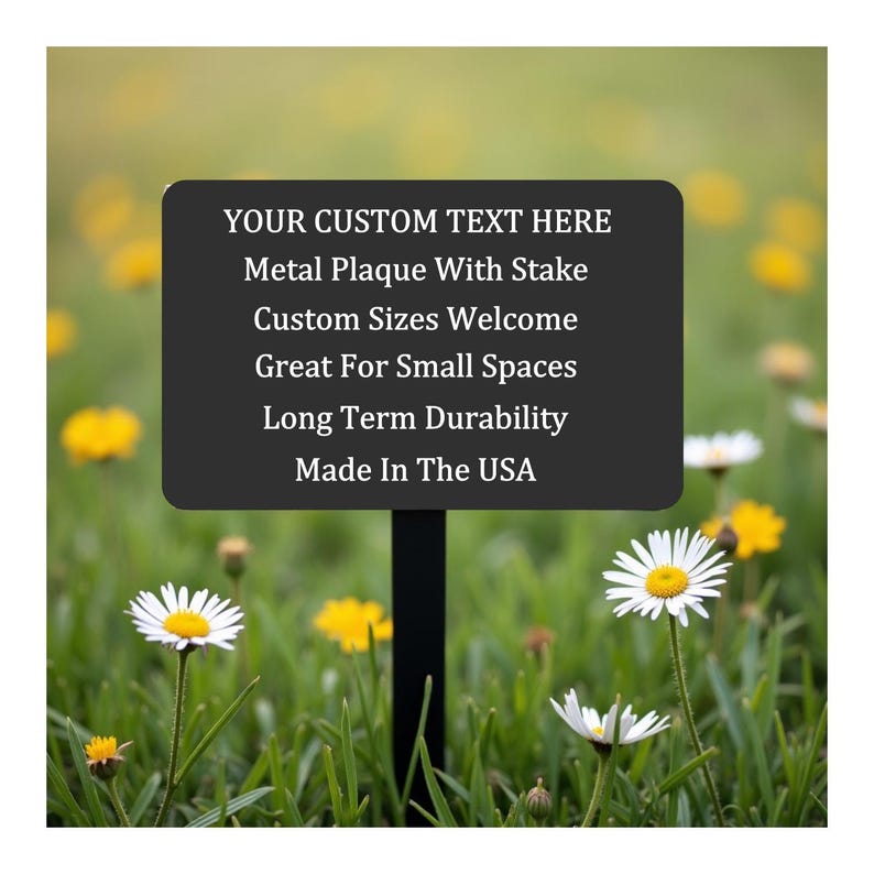 Add a personalized touch to your outdoor space with this custom engraved metal garden sign with stake. Perfect as a tree marker plaque, garden sign, memorial marker, or personalized yard accent, this durable metal sign is designed for long-lasting outdoor use.

Each plaque is professionally engraved with your custom text, creating a clean and lasting design that will not fade or peel. The included metal stake makes placement easy in gardens, flower beds, pathways, planters, or near trees.